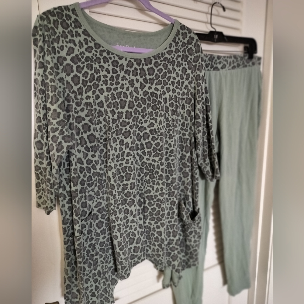 AnyBody 2 Piece Green Leopard Print Lounge Set Joggers & Tunic W/ Pockets Large